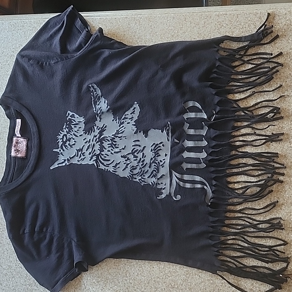 Juicy Couture Terrier Dog Black Fringe T- Shirt Size M
